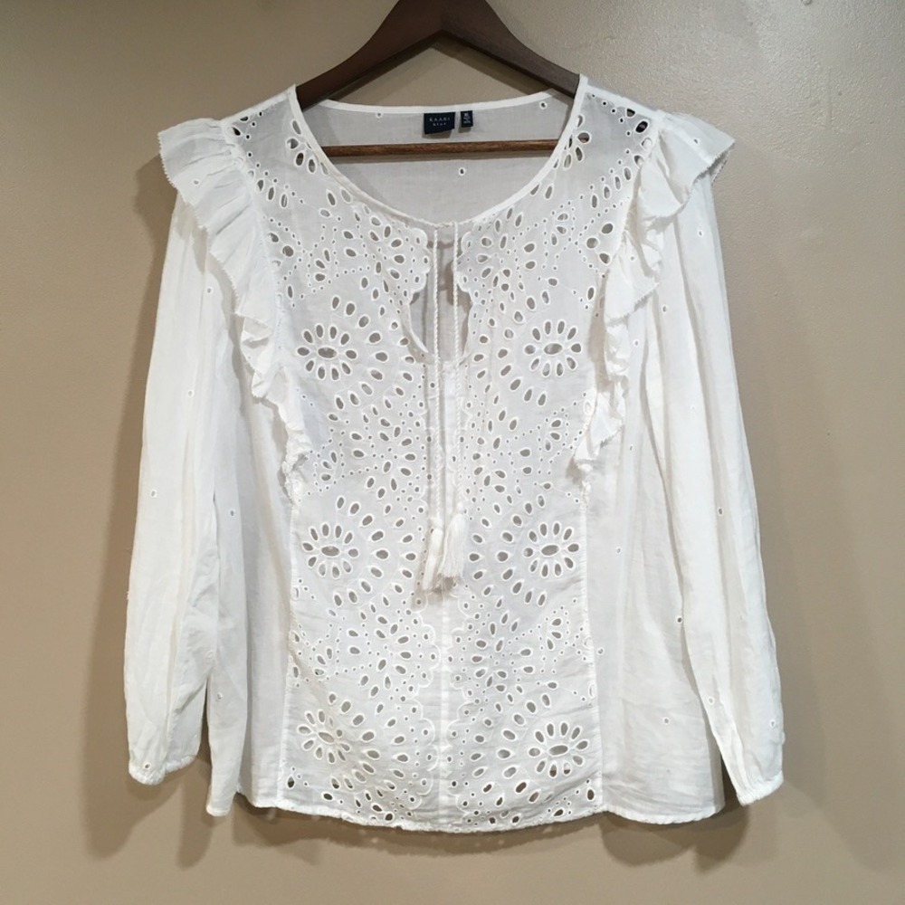 White Eyelet Ruffle Long‎ Sleeve Blouse Womens XL Boho Peasant Cottage Resort
